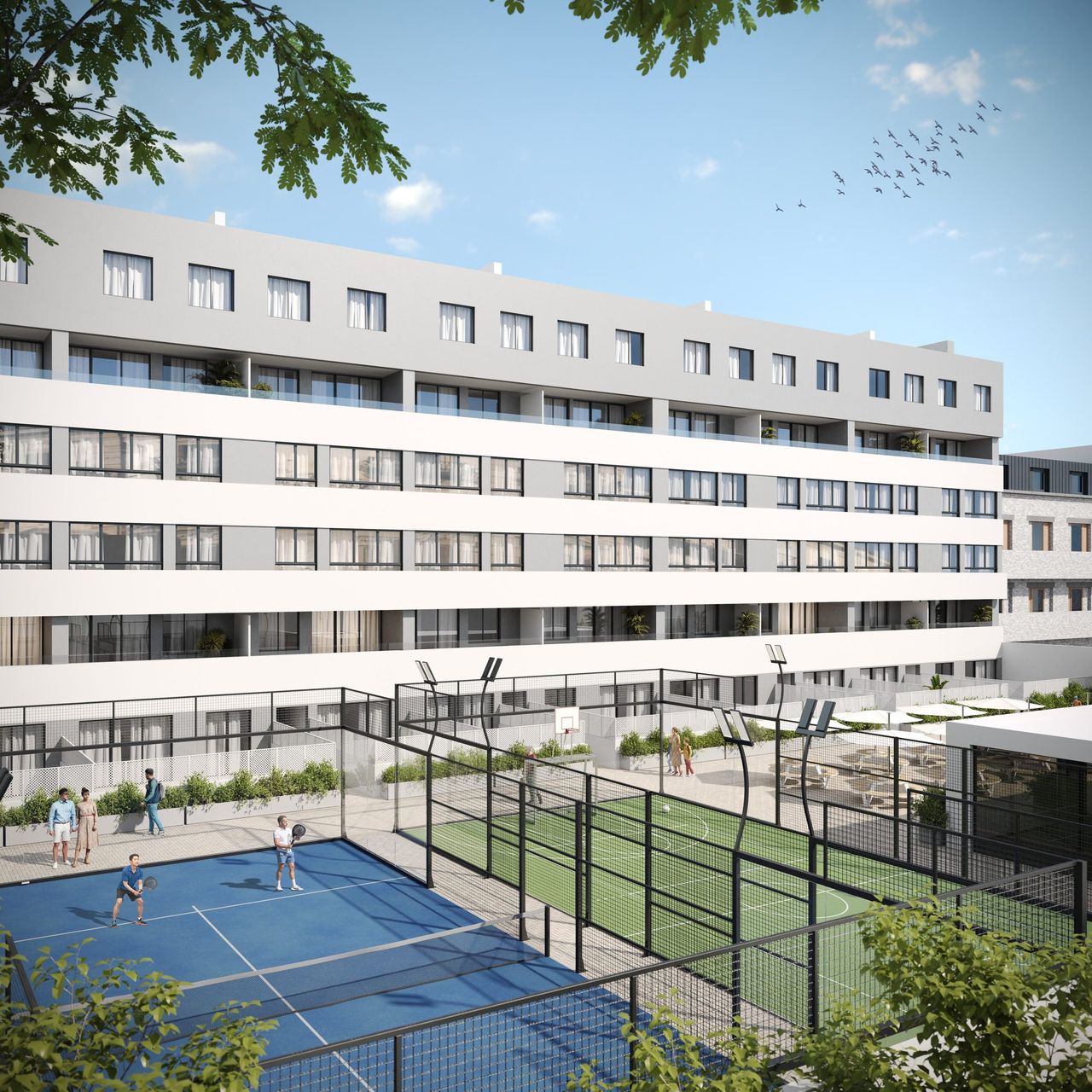 Render aéreo 3D de promoción residencial