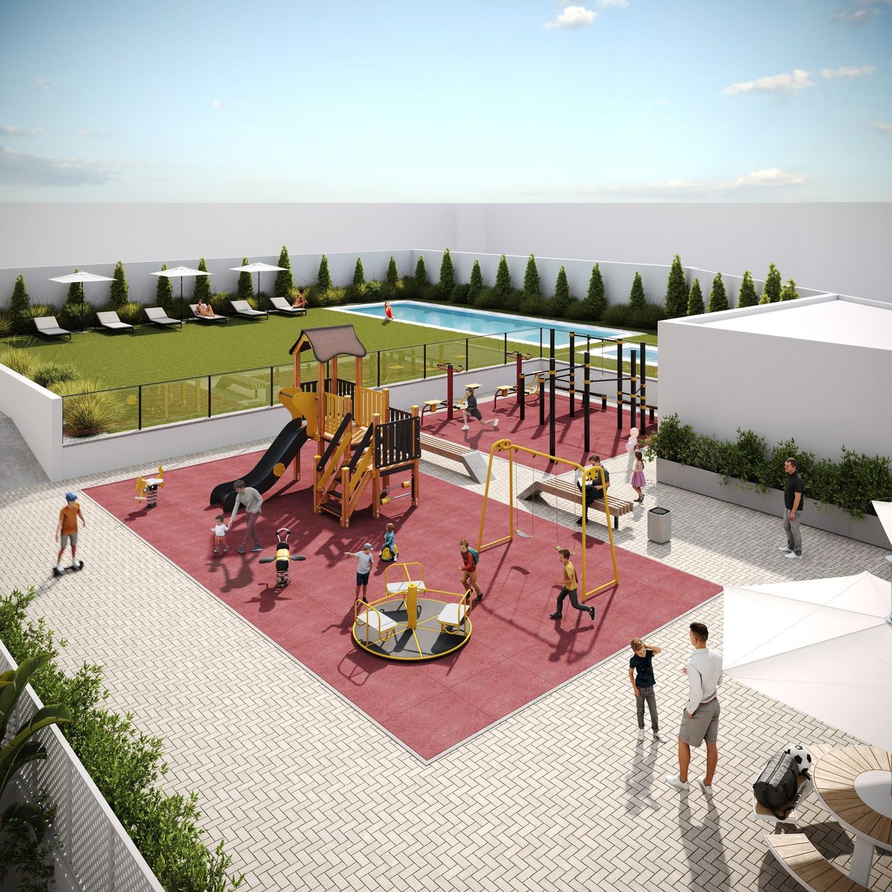 Render aéreo 3D de promoción residencial