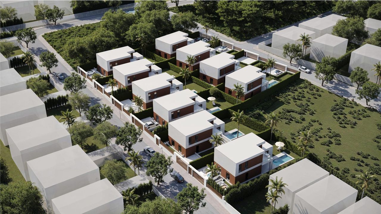 Render aéreo 3D de promoción residencial