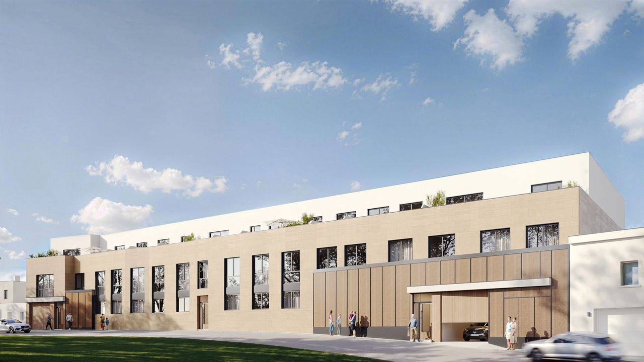Render aéreo 3D de promoción residencial
