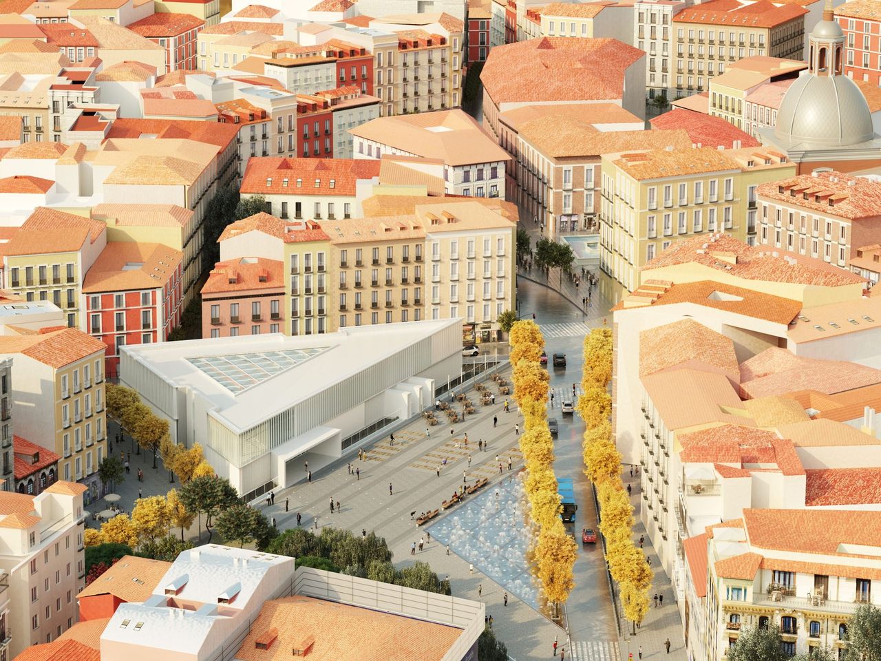 Render aéreo 3D de promoción residencial