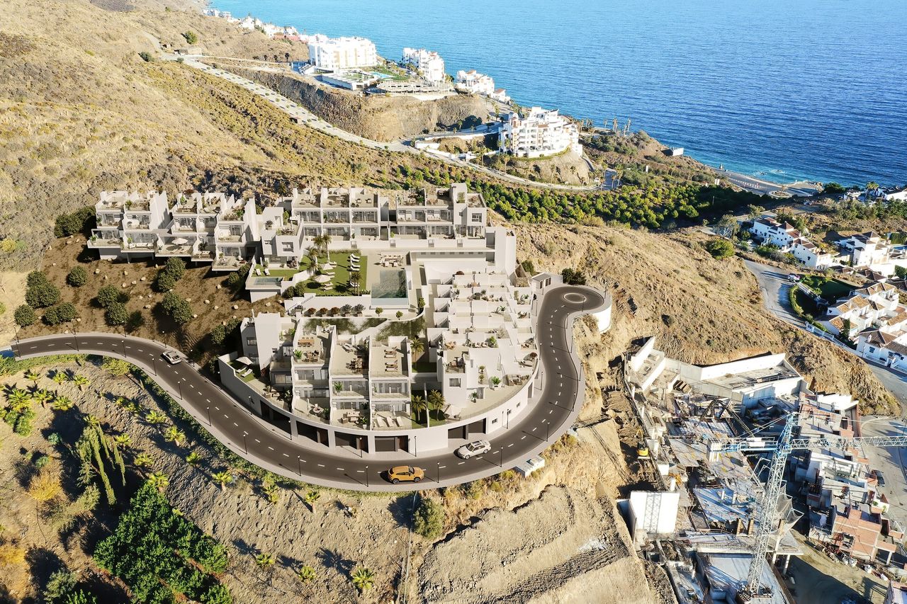 Render aéreo 3D de promoción residencial