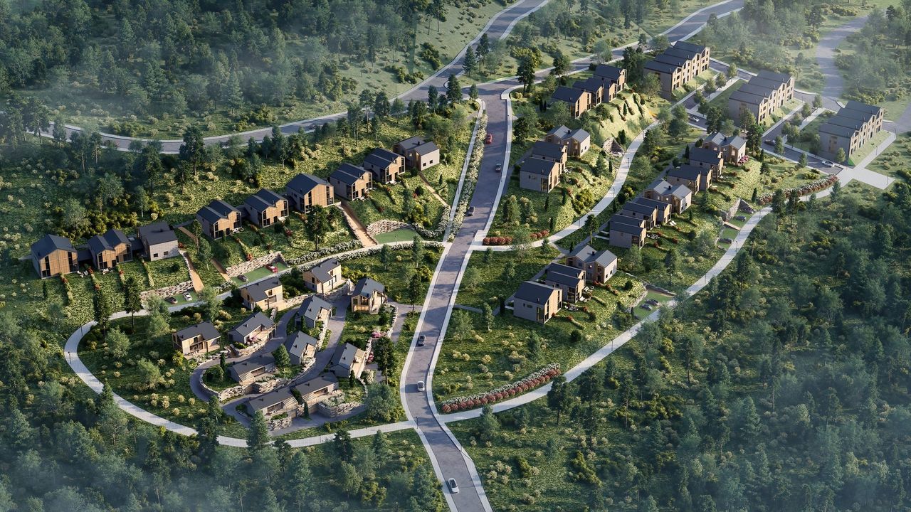 Render aéreo 3D de promoción residencial