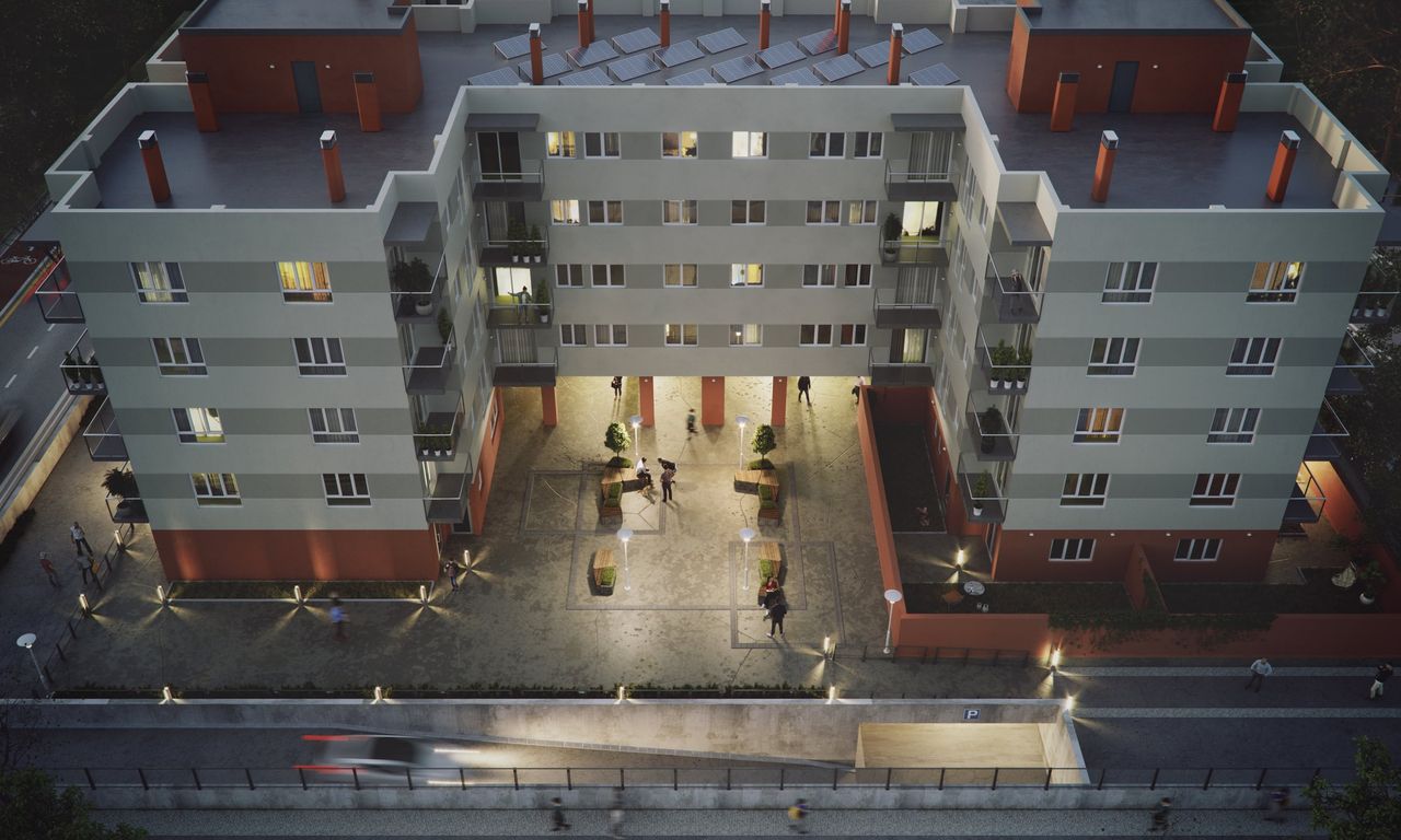 Render aéreo 3D de promoción residencial
