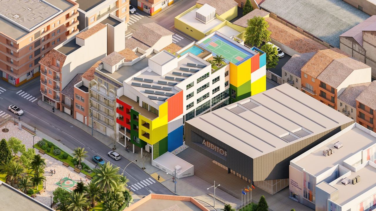 Colegio infantil en Paterna — Render aéreo 3D de promoción residencial