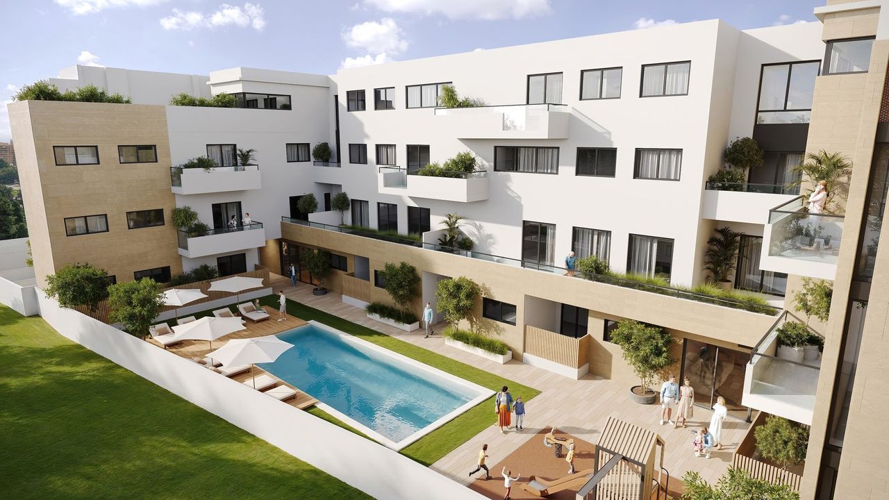 Render aéreo 3D de promoción residencial