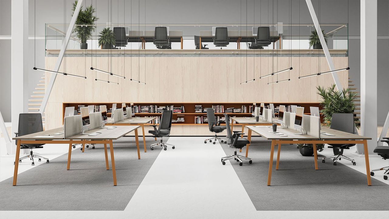 Render 3D de espacio comercial y oficinas