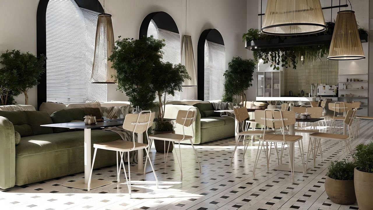 Render 3D de espacio comercial y oficinas