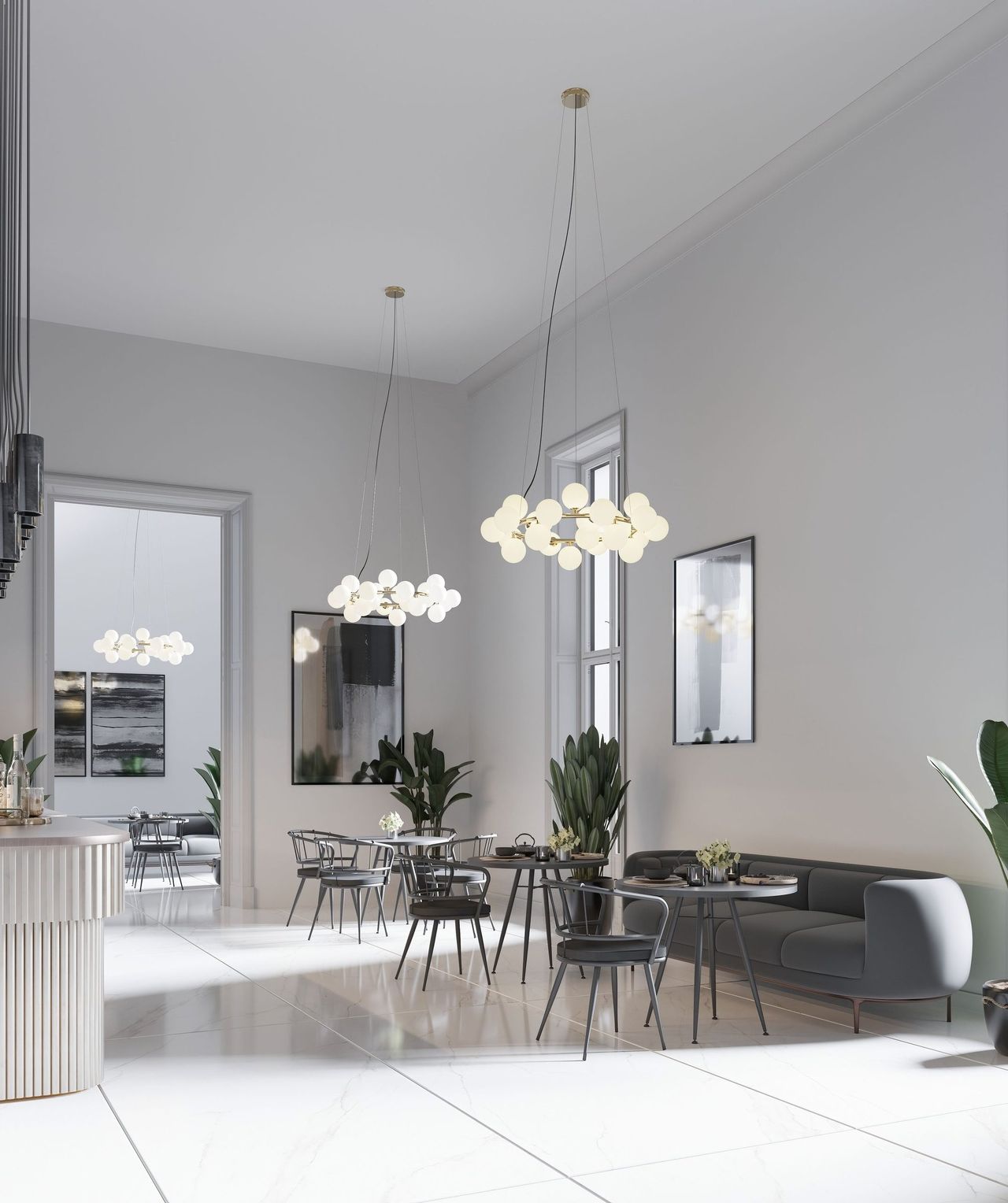 Render 3D de espacio comercial y oficinas