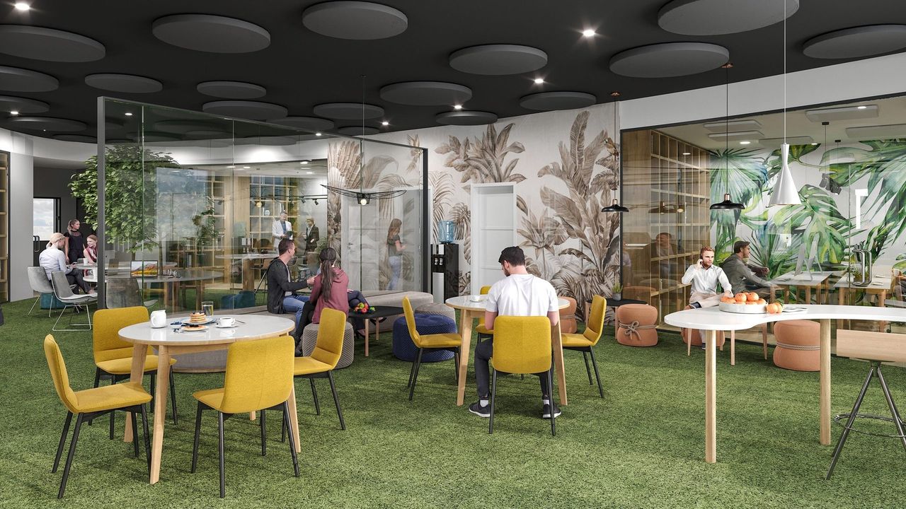 Render 3D de espacio comercial y oficinas