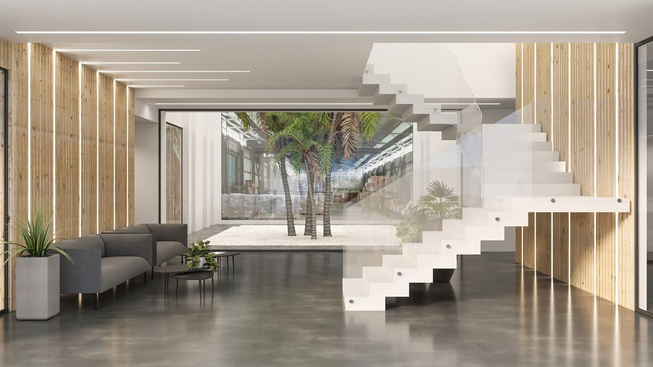 Render 3D de espacio comercial y oficinas