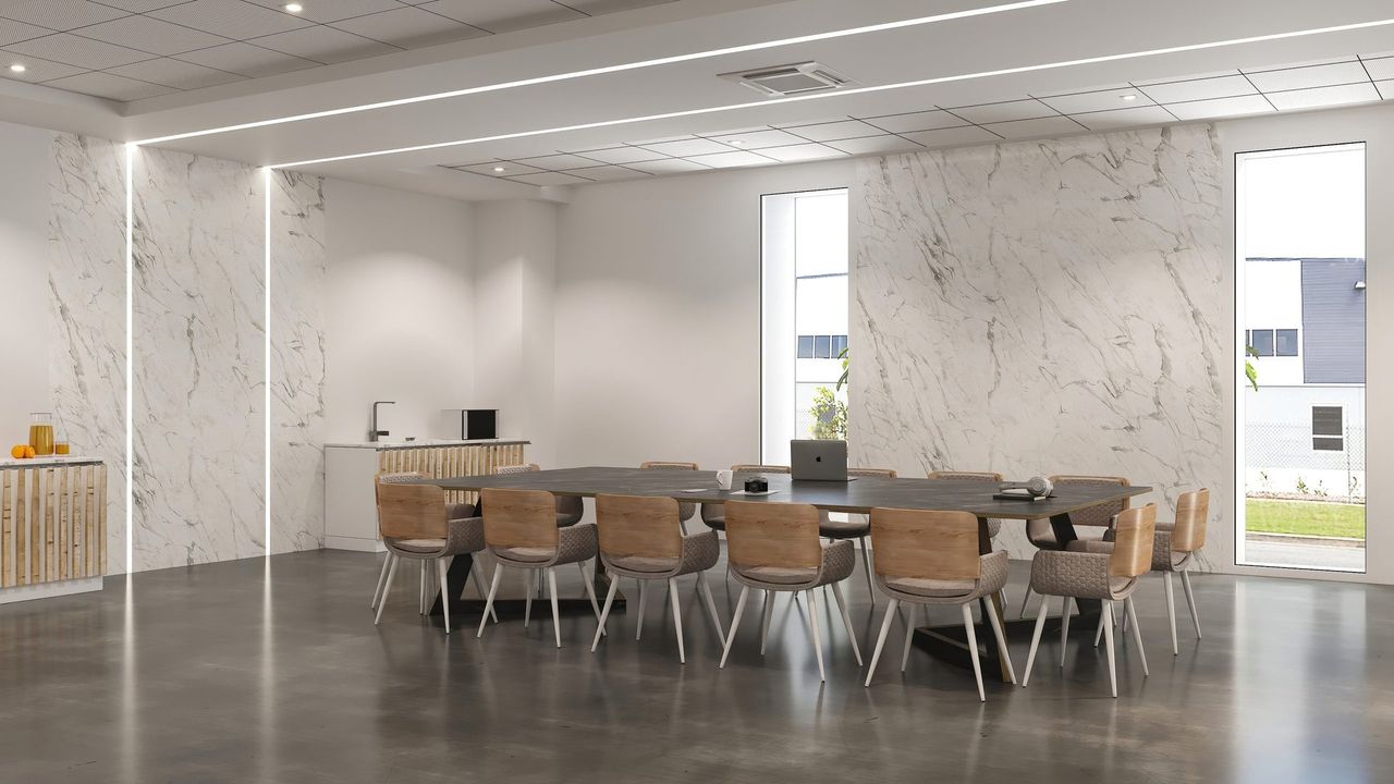 Render 3D de espacio comercial y oficinas