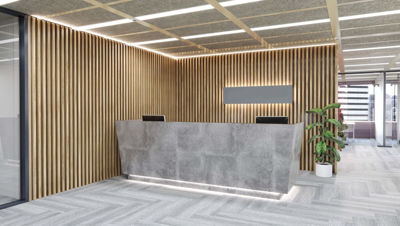 Render 3D de espacio comercial y oficinas