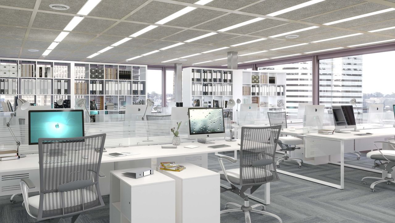 Render 3D de espacio comercial y oficinas