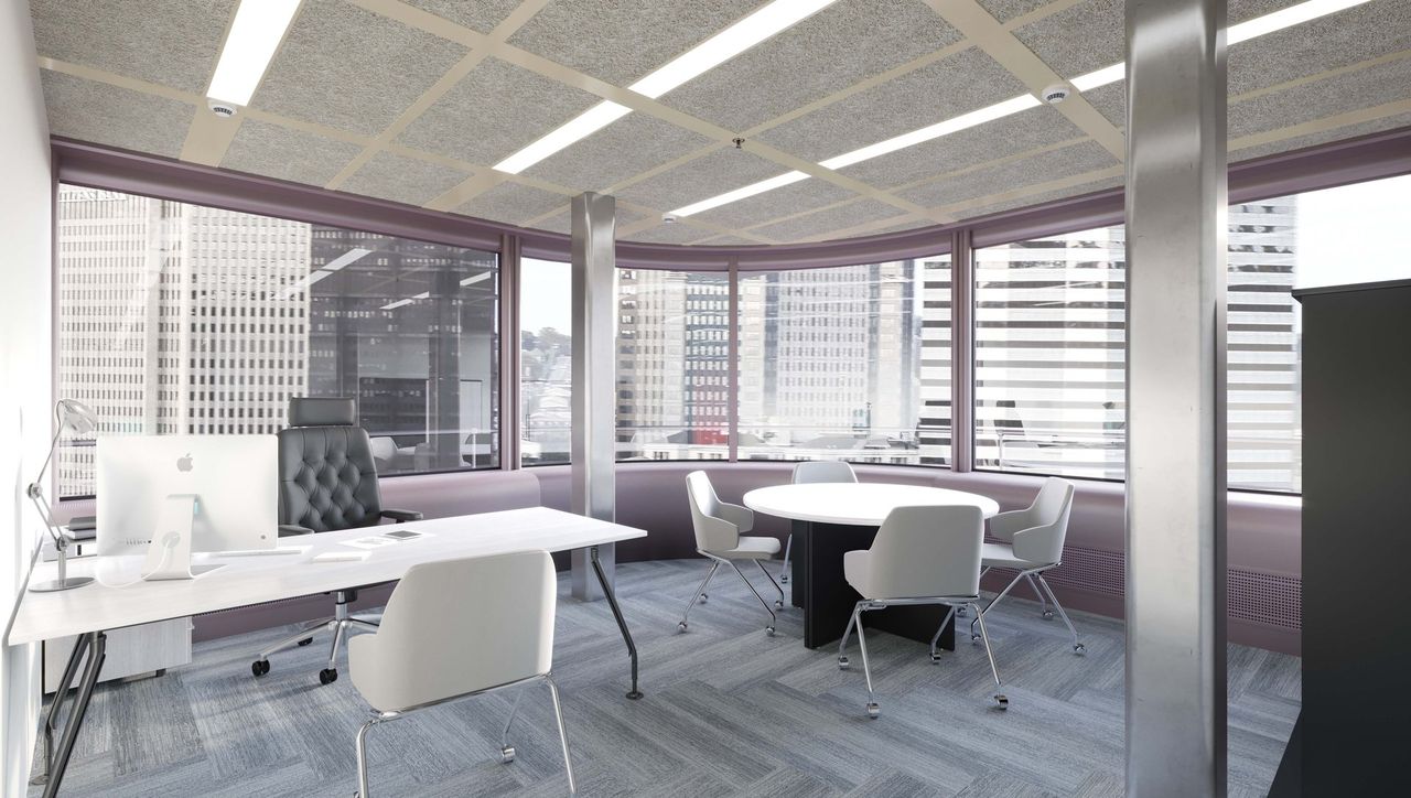 Render 3D de espacio comercial y oficinas