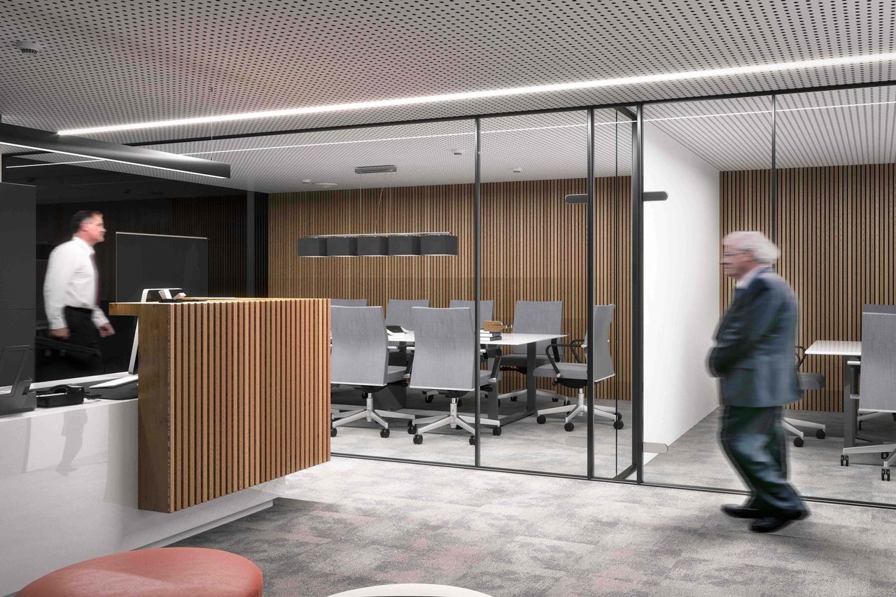 Render 3D de espacio comercial y oficinas