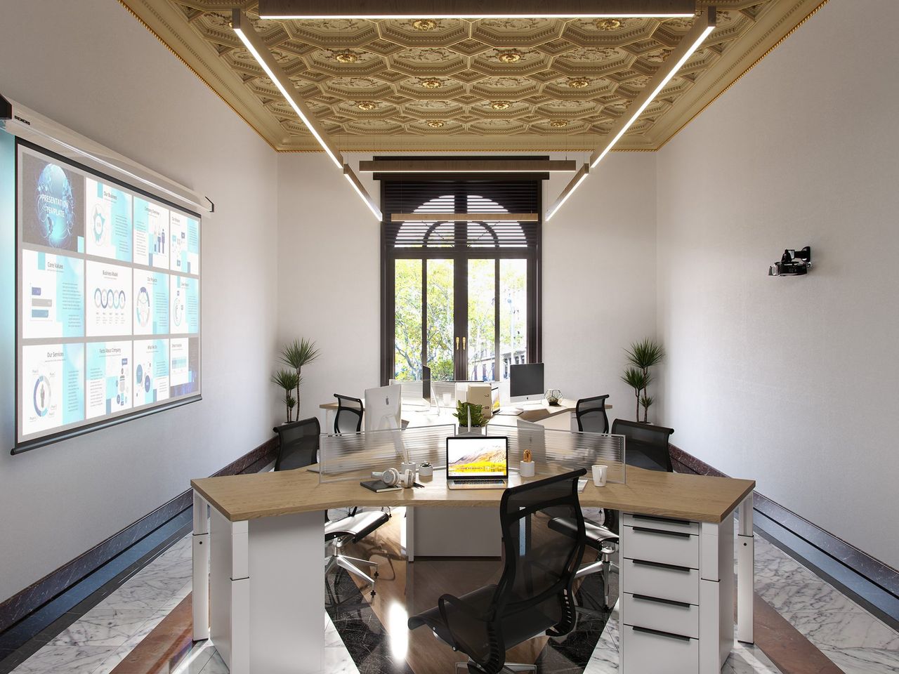 Render 3D de espacio comercial y oficinas