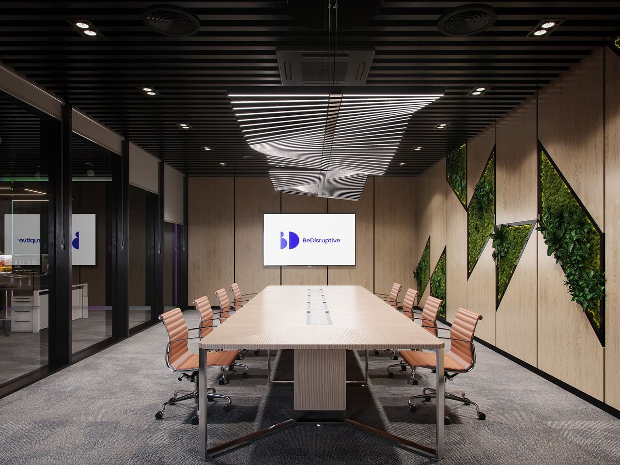 Render 3D de espacio comercial y oficinas