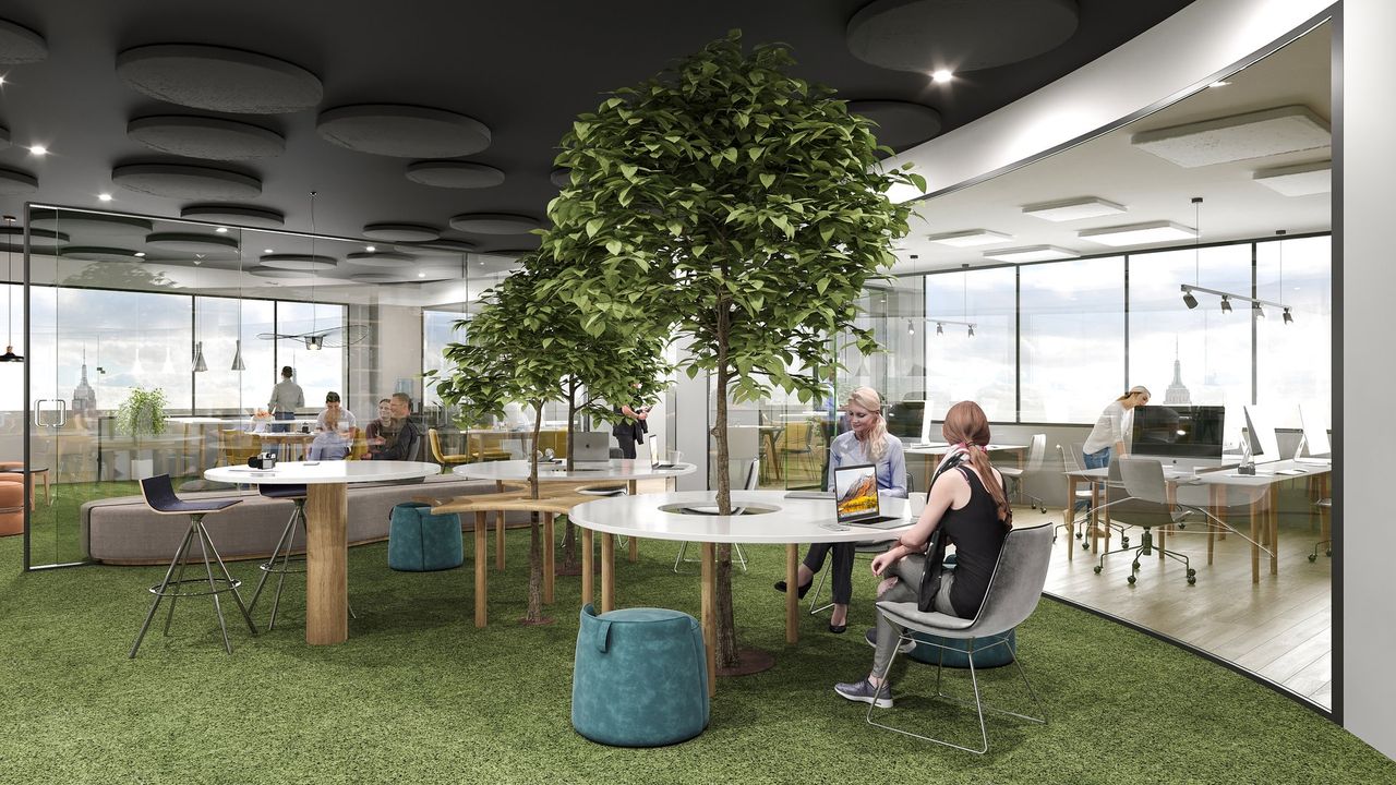 Render 3D de espacio comercial y oficinas