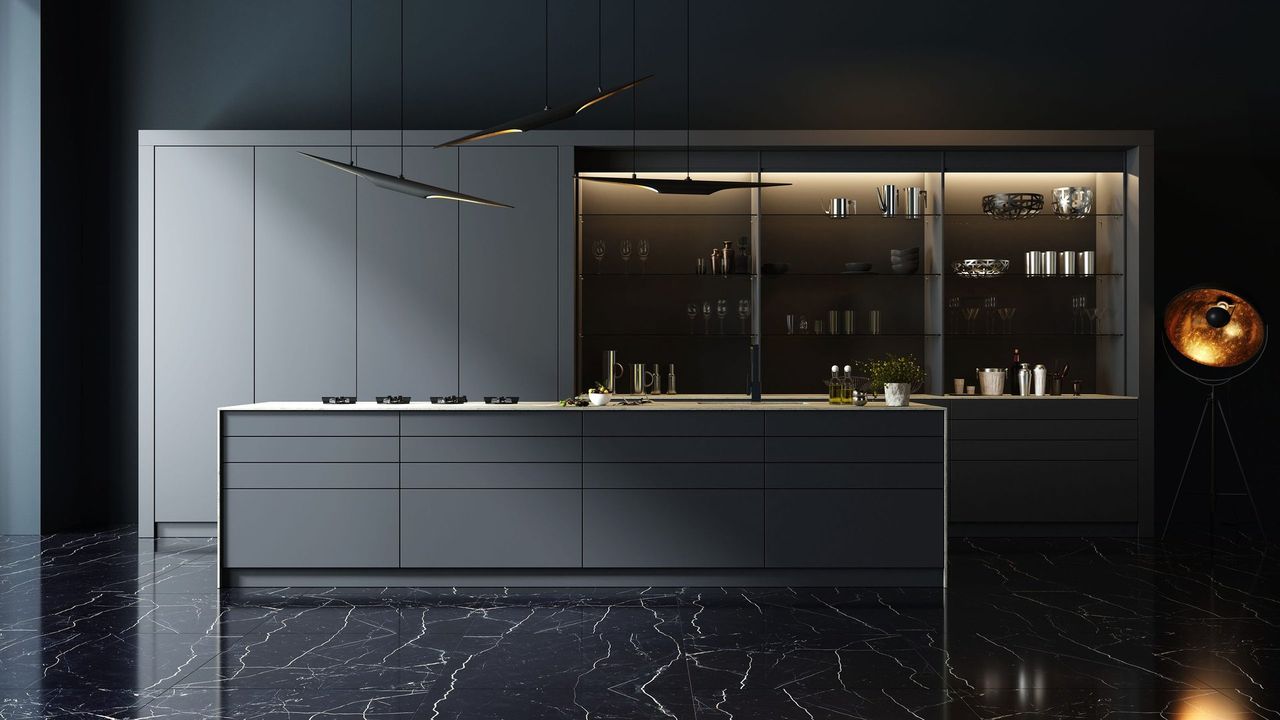 Render nocturno de arquitectura al atardecer