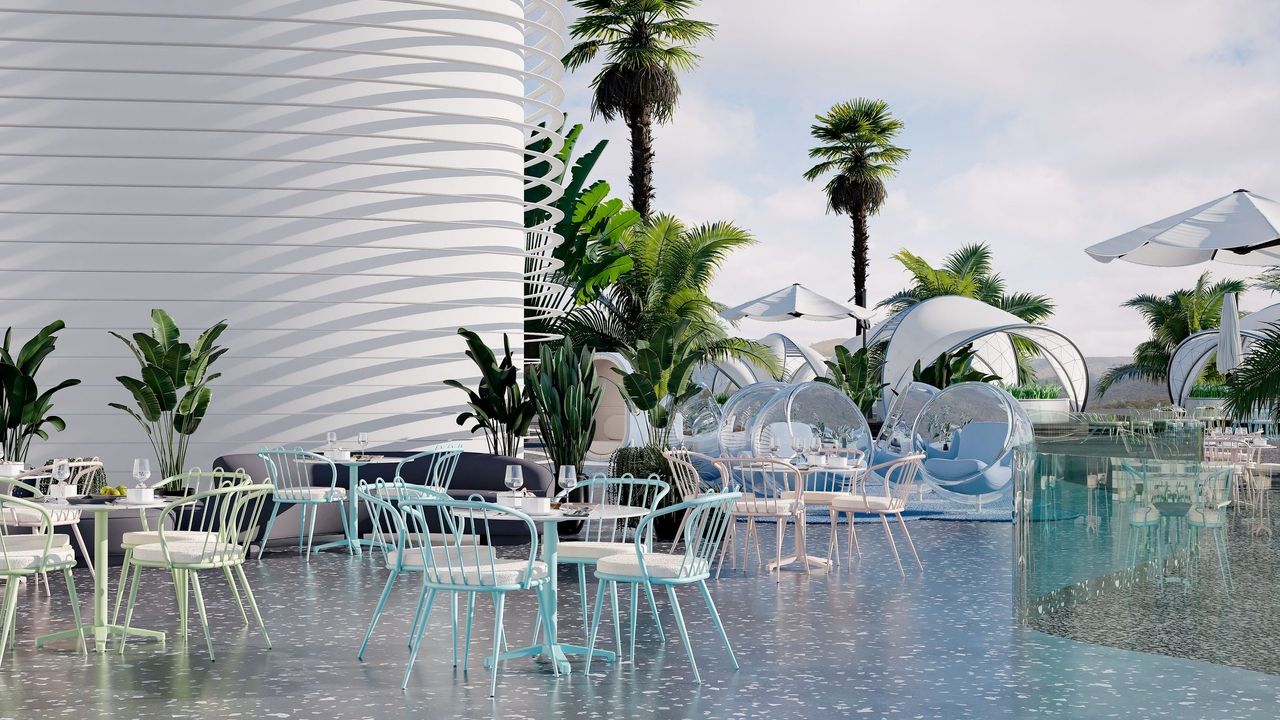 Render nocturno de arquitectura al atardecer