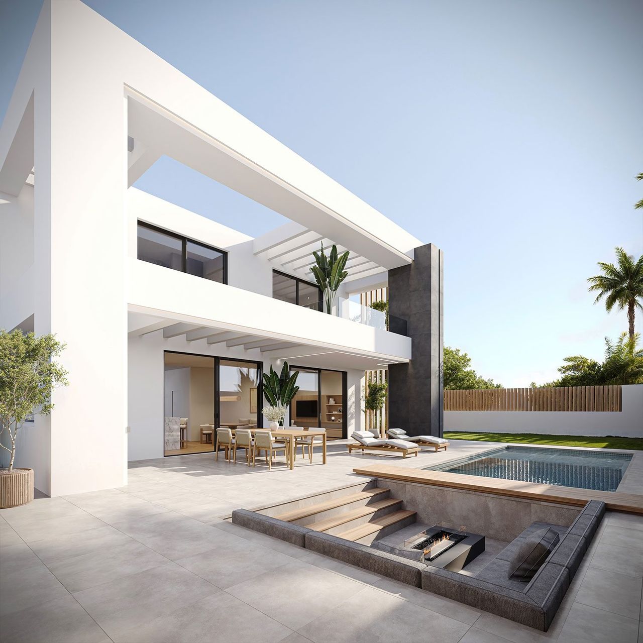 Render nocturno de arquitectura al atardecer