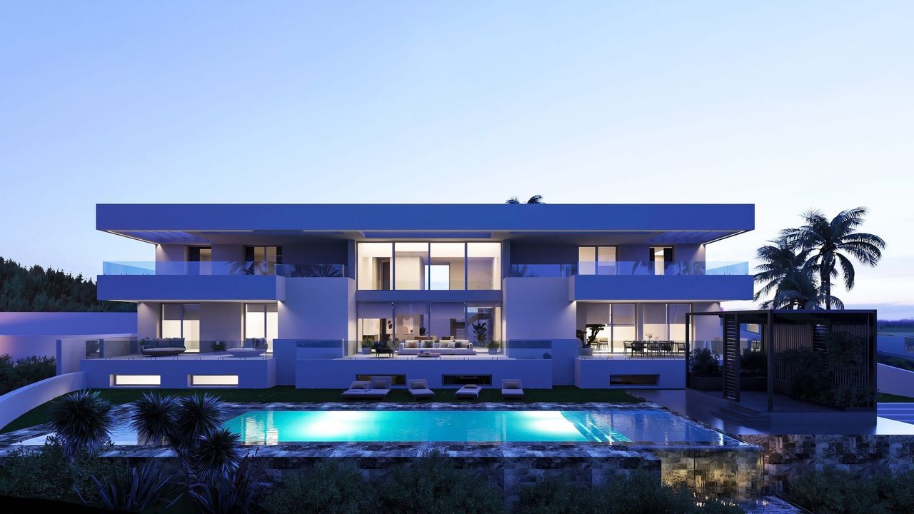 Render nocturno de arquitectura al atardecer