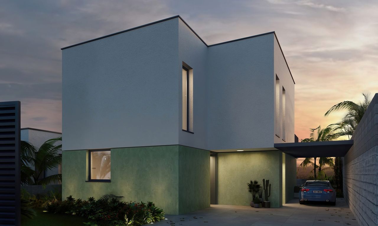 Render nocturno de arquitectura al atardecer