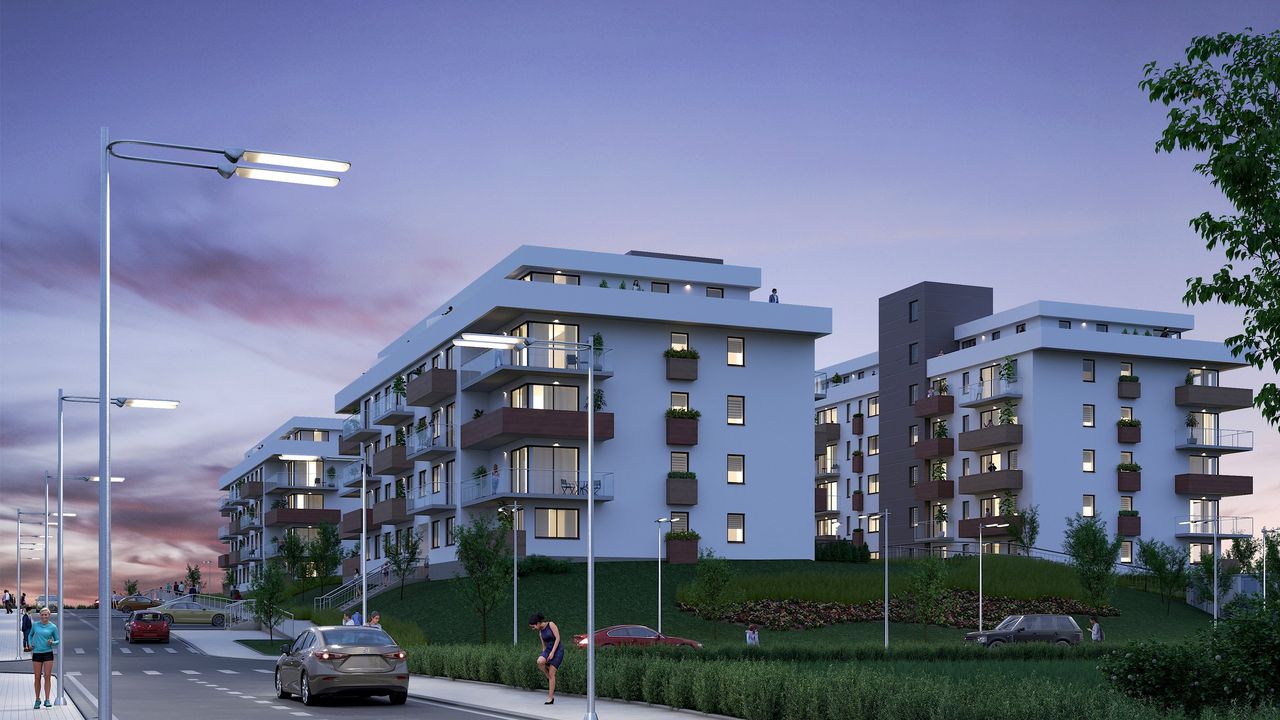 Render nocturno de arquitectura al atardecer