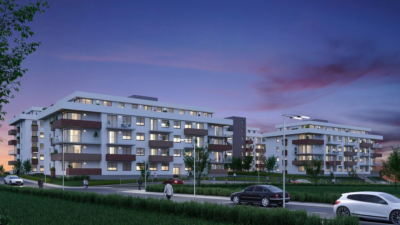 Render nocturno de arquitectura al atardecer