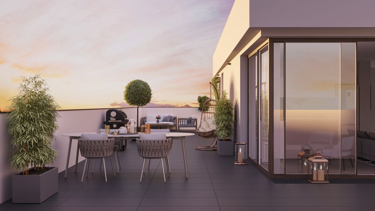 Render nocturno de arquitectura al atardecer