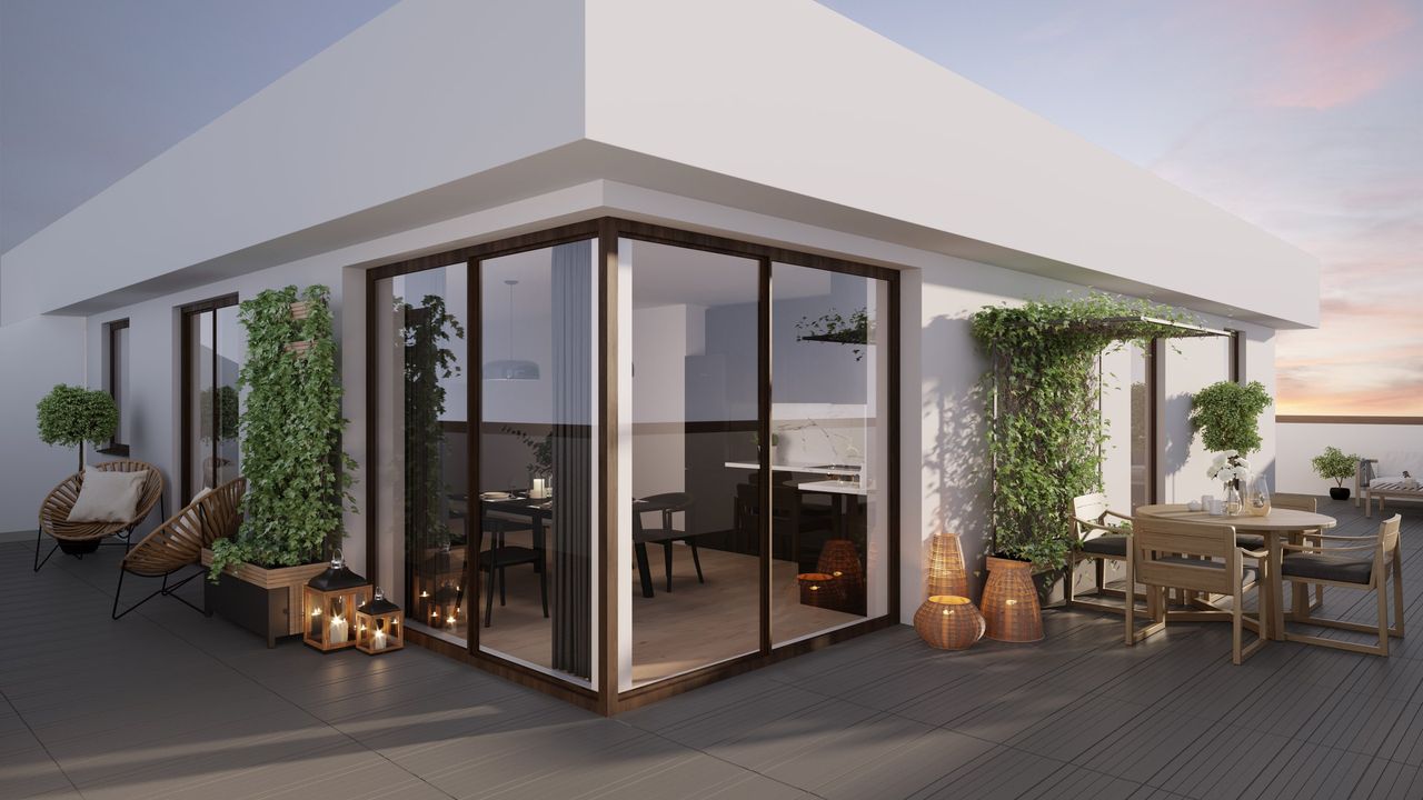 Render nocturno de arquitectura al atardecer