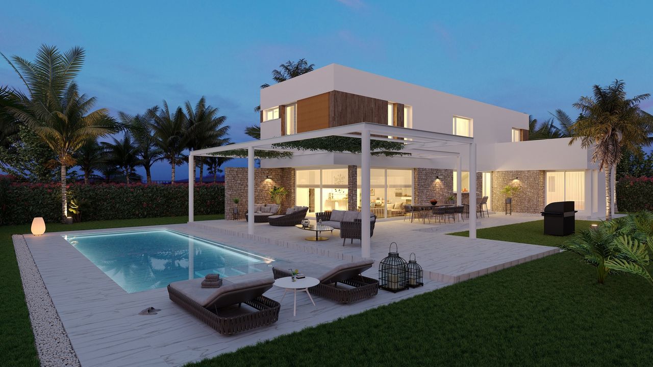 Render nocturno de arquitectura al atardecer