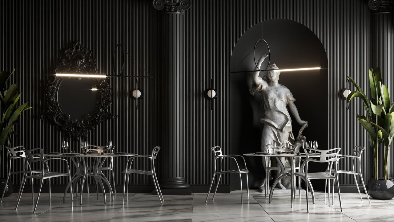 Render nocturno de arquitectura al atardecer
