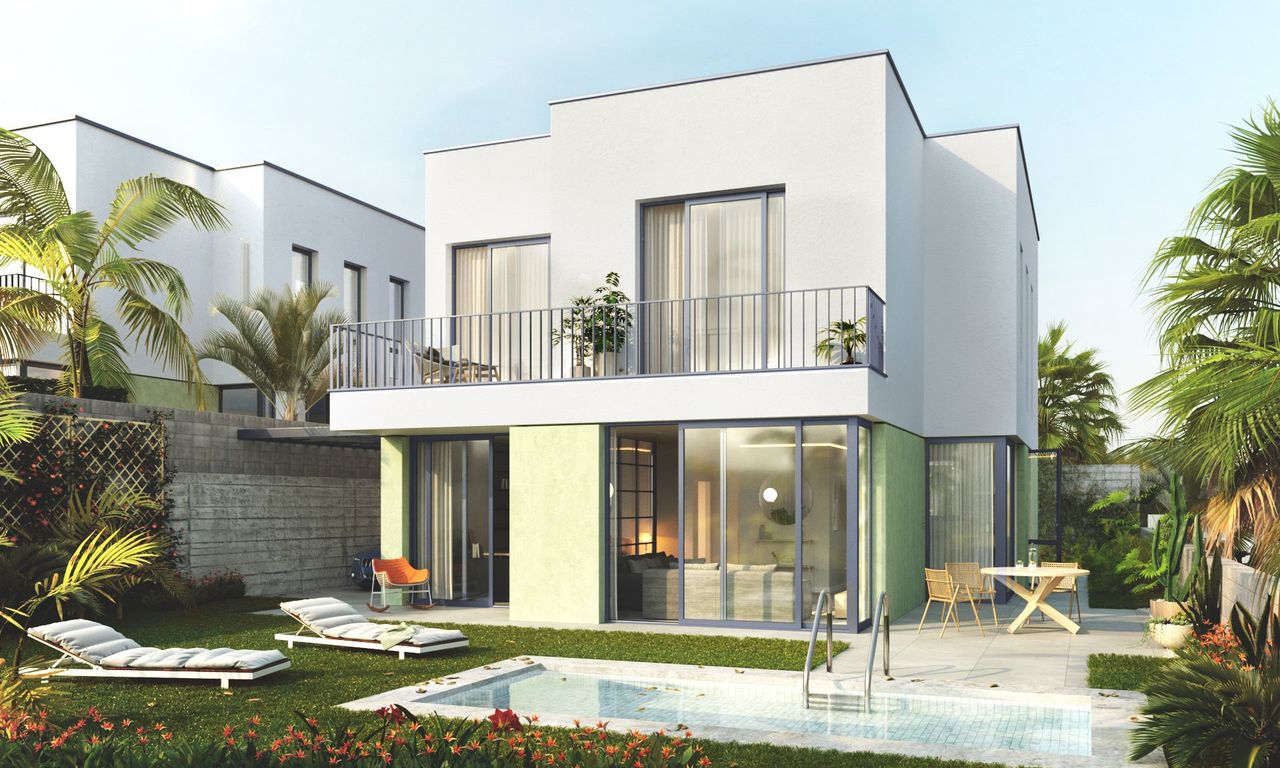 Render nocturno de arquitectura al atardecer