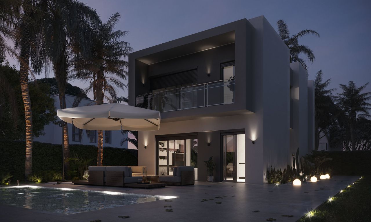 Render nocturno de arquitectura al atardecer